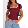 imagePRETTYGARDEN Womens Summer Short Sleeve T Shirts Ribbed Knit Square Neck Color Block Slim Fit Basic Casual Crop Tops BlousesWine Red
