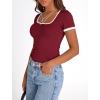 imagePRETTYGARDEN Womens Summer Short Sleeve T Shirts Ribbed Knit Square Neck Color Block Slim Fit Basic Casual Crop Tops BlousesWine Red