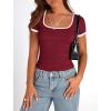 imagePRETTYGARDEN Womens Summer Short Sleeve T Shirts Ribbed Knit Square Neck Color Block Slim Fit Basic Casual Crop Tops BlousesWine Red