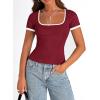 imagePRETTYGARDEN Womens Summer Short Sleeve T Shirts Ribbed Knit Square Neck Color Block Slim Fit Basic Casual Crop Tops BlousesWine Red