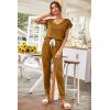 imagePRETTYGARDEN Womens Two Piece Tracksuit Casual Summer V Neck Short Sleeve Tops Drawstring Jogger Pants Lounge Outfit SetsBrown Yellow