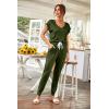 imagePRETTYGARDEN Womens Two Piece Tracksuit Casual Summer V Neck Short Sleeve Tops Drawstring Jogger Pants Lounge Outfit SetsDark Army Green