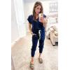imagePRETTYGARDEN Womens Two Piece Tracksuit Casual Summer V Neck Short Sleeve Tops Drawstring Jogger Pants Lounge Outfit SetsDark Blue