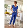 imagePRETTYGARDEN Womens Two Piece Tracksuit Casual Summer V Neck Short Sleeve Tops Drawstring Jogger Pants Lounge Outfit SetsDenim Blue