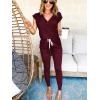 imagePRETTYGARDEN Womens Two Piece Tracksuit Casual Summer V Neck Short Sleeve Tops Drawstring Jogger Pants Lounge Outfit SetsJujube Red