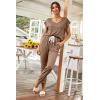 imagePRETTYGARDEN Womens Two Piece Tracksuit Casual Summer V Neck Short Sleeve Tops Drawstring Jogger Pants Lounge Outfit SetsKhaki