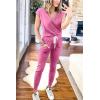 imagePRETTYGARDEN Womens Two Piece Tracksuit Casual Summer V Neck Short Sleeve Tops Drawstring Jogger Pants Lounge Outfit SetsPink