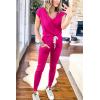 imagePRETTYGARDEN Womens Two Piece Tracksuit Casual Summer V Neck Short Sleeve Tops Drawstring Jogger Pants Lounge Outfit SetsRose Red
