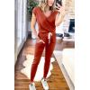 imagePRETTYGARDEN Womens Two Piece Tracksuit Casual Summer V Neck Short Sleeve Tops Drawstring Jogger Pants Lounge Outfit SetsRust Red