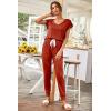 imagePRETTYGARDEN Womens Two Piece Tracksuit Casual Summer V Neck Short Sleeve Tops Drawstring Jogger Pants Lounge Outfit SetsRust Red