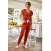 imagePRETTYGARDEN Womens Two Piece Tracksuit Casual Summer V Neck Short Sleeve Tops Drawstring Jogger Pants Lounge Outfit SetsRust Red