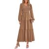 imagePRETTYGARDEN Fall Dresses for Women 2025 Casual Long Sleeve V Neck Smocked A Line Long Flowy Wedding Guest DressKhaki