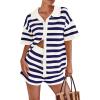 imagePRETTYGARDEN Womens 2 Piece Shorts Sets Casual Summer 2025 Short Sleeve Striped Sweater Set Matching Beach Vacation OutfitBlue