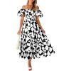 imagePRETTYGARDEN Womens 2025 Summer Boho Midi Dress Off Shoulder Puff Sleeve Print Smocked Ruffle Beach Long Flowy DressesBlack