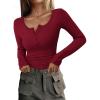imagePRETTYGARDEN Womens 2025 Summer Long Sleeve Henley T Shirts Ribbed Knit Button Slim Fitted Basic Casual Going Out Fall TopsWine Red