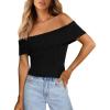 imagePRETTYGARDEN Womens 2025 Summer Off Shoulder Sweater Tops Ribbed Knit Short Sleeve Trendy Going Out Date Night BlouseBlack