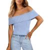 imagePRETTYGARDEN Womens 2025 Summer Off Shoulder Sweater Tops Ribbed Knit Short Sleeve Trendy Going Out Date Night BlouseLight Blue