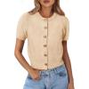 imagePRETTYGARDEN Womens Casual Summer Short Sleeve Cardigans 2025 Button Down Knitted Sweater Basic Crew Neck Crop TopsBeige
