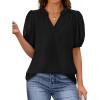 imagePRETTYGARDEN Womens Casual Summer Tops 2025 V Neck Short Puff Sleeve Pleated Cotton T Shirts Loose Dressy BlousesBlack