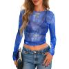 imagePRETTYGARDEN Womens Mesh Long Sleeve Top 2025 Trendy Fall See Through Sheer Blouse Leopard Fitted Going Out Layering ShirtsFloral Brilliant Blue