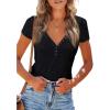 imagePRETTYGARDEN Womens Summer Casual Henley TShirts Short Sleeve V Neck Button Up Ribbed Knit Slim Fit Basic TopsBlack