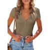 imagePRETTYGARDEN Womens Summer Casual Henley TShirts Short Sleeve V Neck Button Up Ribbed Knit Slim Fit Basic TopsBrown