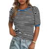 imagePRETTYGARDEN Womens Summer Puff Sleeve Tops Casual Ribbed Knit Crop Top Color Block Trendy Crewneck Striped ShirtsBlack
