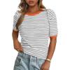 imagePRETTYGARDEN Womens Summer Puff Sleeve Tops Casual Ribbed Knit Crop Top Color Block Trendy Crewneck Striped ShirtsGrey