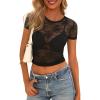 imagePRETTYGARDEN Womens Summer Sheer Lace Top 2025 Short Sleeve See Through Fitted Mesh Blouse Shirts Going Out Club OutfitsBlack