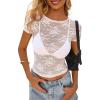imagePRETTYGARDEN Womens Summer Sheer Lace Top 2025 Short Sleeve See Through Fitted Mesh Blouse Shirts Going Out Club OutfitsWhite