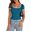 imagePRETTYGARDEN Womens Summer Short Sleeve T Shirts Ribbed Knit Square Neck Color Block Slim Fit Basic Casual Crop Tops BlousesDark Blue