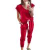 imagePRETTYGARDEN Womens Two Piece Tracksuit Casual Summer V Neck Short Sleeve Tops Drawstring Jogger Pants Lounge Outfit SetsRed