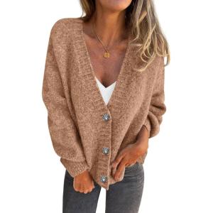 imagePRETTYGARDEN Cardigan Sweaters for Women Trendy Fall 2025 Long Sleeve Button Down Oversized Chunky Knit Sweater OuterwearCamel
