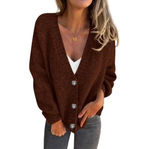 imagePRETTYGARDEN Cardigan Sweaters for Women Trendy Fall 2025 Long Sleeve Button Down Oversized Chunky Knit Sweater OuterwearCaramel