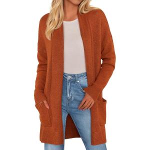 imagePRETTYGARDEN Cardigan Sweaters for Women Winter Fall Clothes 2025 Cozy Knit Coats Open Front Long Cardigans with PocketsOrange