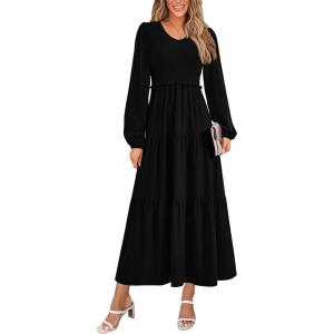 imagePRETTYGARDEN Fall Dresses for Women 2025 Casual Long Sleeve V Neck Smocked A Line Long Flowy Wedding Guest DressBlack