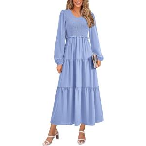 imagePRETTYGARDEN Fall Dresses for Women 2025 Casual Long Sleeve V Neck Smocked A Line Long Flowy Wedding Guest DressLight Blue