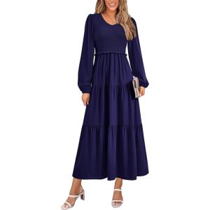 imagePRETTYGARDEN Fall Dresses for Women 2025 Casual Long Sleeve V Neck Smocked A Line Long Flowy Wedding Guest DressNavy