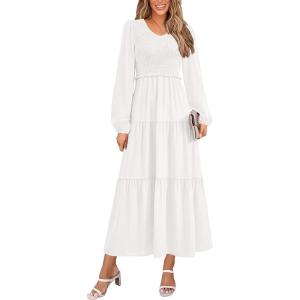 imagePRETTYGARDEN Fall Dresses for Women 2025 Casual Long Sleeve V Neck Smocked A Line Long Flowy Wedding Guest DressWhite