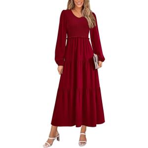 imagePRETTYGARDEN Fall Dresses for Women 2025 Casual Long Sleeve V Neck Smocked A Line Long Flowy Wedding Guest DressWine Red