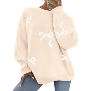 imagePRETTYGARDEN Fall Long Sleeve Pullover Sweaters for Women 2025 Trendy Crewneck Casual Cute Bow Chunky Knit Oversized SweaterApricot