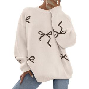 imagePRETTYGARDEN Fall Long Sleeve Pullover Sweaters for Women 2025 Trendy Crewneck Casual Cute Bow Chunky Knit Oversized SweaterBeige