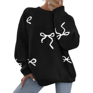 imagePRETTYGARDEN Fall Long Sleeve Pullover Sweaters for Women 2025 Trendy Crewneck Casual Cute Bow Chunky Knit Oversized SweaterBlack