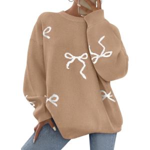 imagePRETTYGARDEN Fall Long Sleeve Pullover Sweaters for Women 2025 Trendy Crewneck Casual Cute Bow Chunky Knit Oversized SweaterCamel