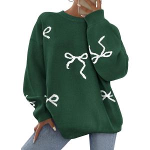 imagePRETTYGARDEN Fall Long Sleeve Pullover Sweaters for Women 2025 Trendy Crewneck Casual Cute Bow Chunky Knit Oversized SweaterDark Green
