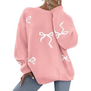 imagePRETTYGARDEN Fall Long Sleeve Pullover Sweaters for Women 2025 Trendy Crewneck Casual Cute Bow Chunky Knit Oversized SweaterLight Pink