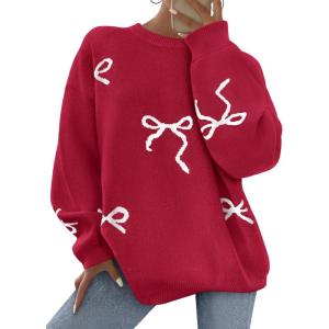 imagePRETTYGARDEN Fall Long Sleeve Pullover Sweaters for Women 2025 Trendy Crewneck Casual Cute Bow Chunky Knit Oversized SweaterRed