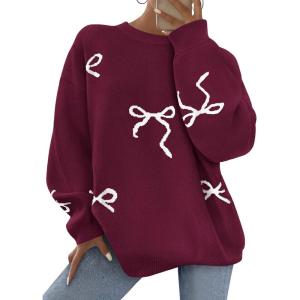 imagePRETTYGARDEN Fall Long Sleeve Pullover Sweaters for Women 2025 Trendy Crewneck Casual Cute Bow Chunky Knit Oversized SweaterWine Red