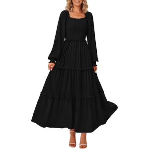 imagePRETTYGARDEN Fall Wedding Guest Dresses for Women 2025 Long Sleeve Square Neck Tiered A Line Modest Elegant Flowy DressesBlack