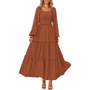 imagePRETTYGARDEN Fall Wedding Guest Dresses for Women 2025 Long Sleeve Square Neck Tiered A Line Modest Elegant Flowy DressesBrown